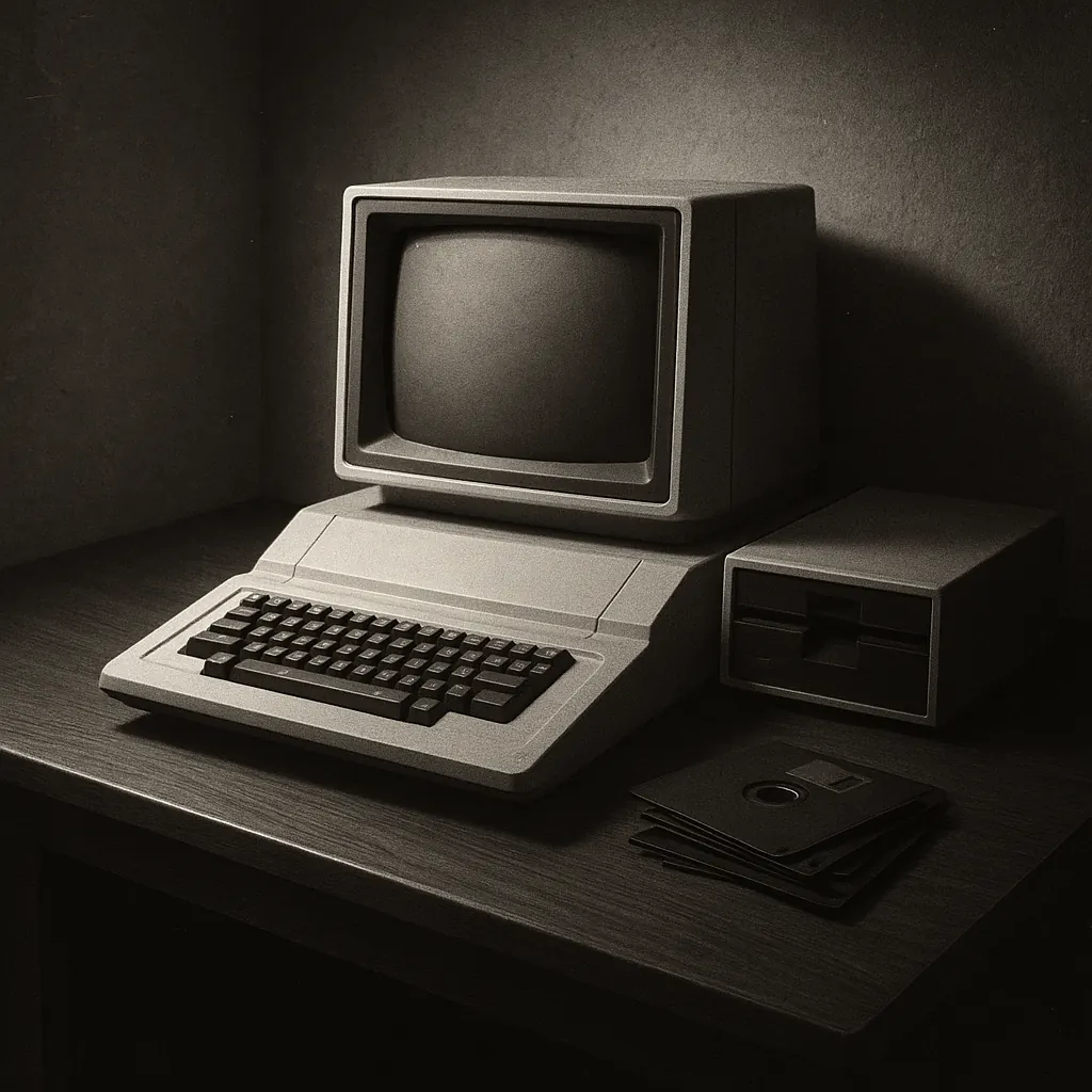 Early personal computer era scene in black and white