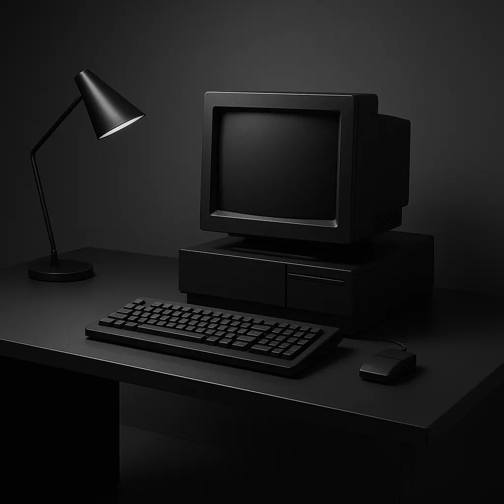 NeXT-era inspired workstation scene in black and white